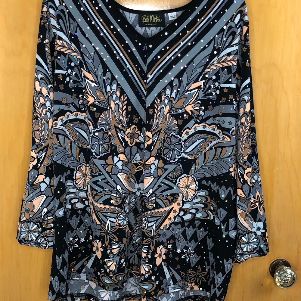 NWT-BOB MACKIE BLACK/GREY SPARKLE FLORAL PRINT PULLOVER KNIT TOP - L